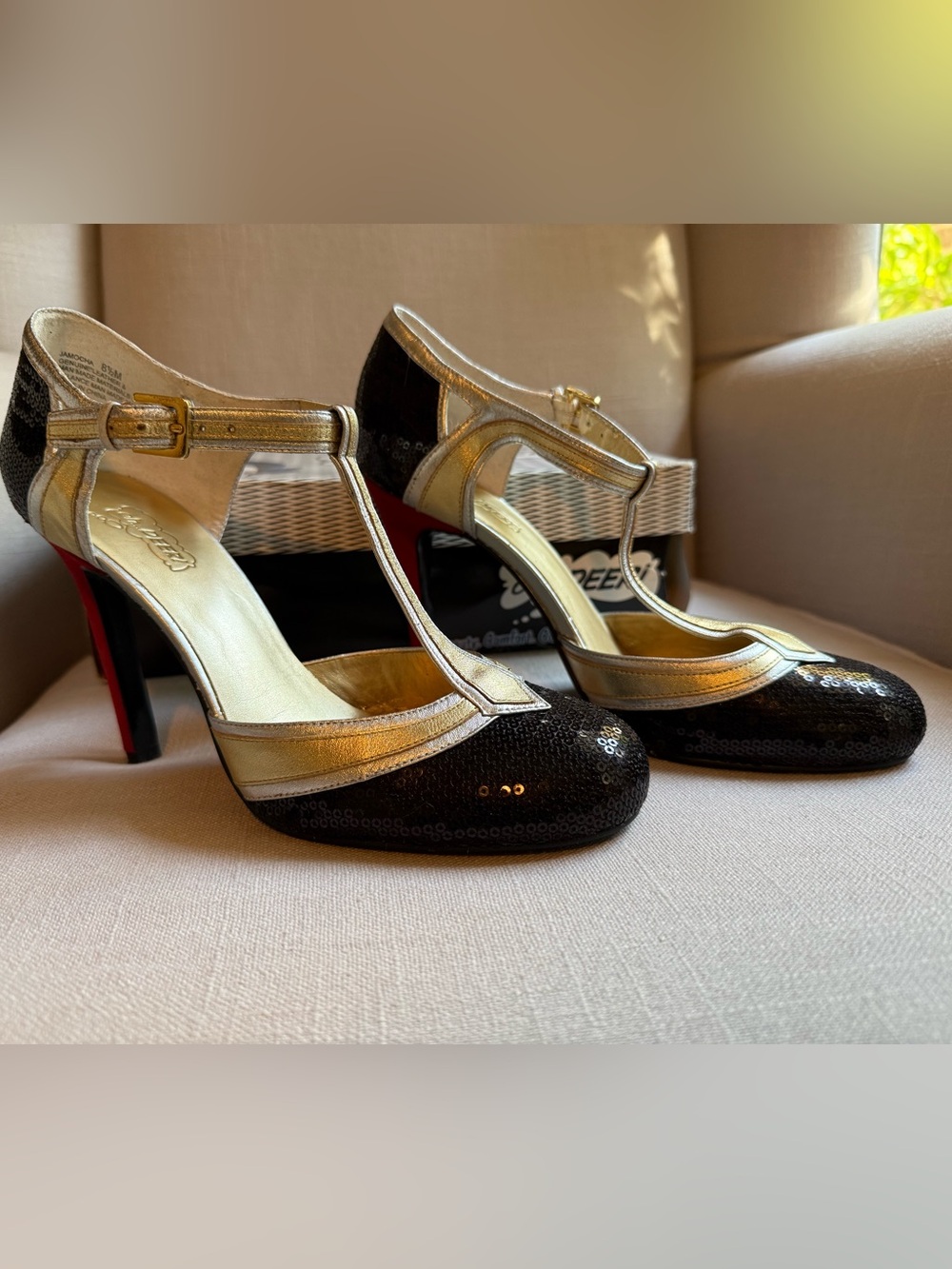 Oh Deer! Metallic Gold and Black Sequin T-Strap Heels Jamocha - Women's Pumps
